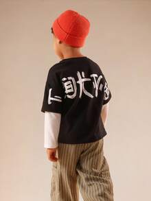SUMWON Boys Long Sleeve Layered Tokyo Graphic Tee Crew Neck Cotton Blend Casual Shirt Japanese Script Print Back Design Toddler - Black and White - View 2