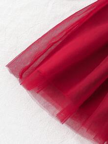 SHEIN 婴幼儿女童酒红色天鹅绒荷叶边领蝴蝶结薄纱长袖连衣裙，可爱优雅，适合休闲、节日、派对 - 酒紅色 - 查看 7