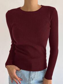 DAZY Stylish Red Knitwear Round Neck Rib-Knit Long Sleeve Sweater For Women Casual Wear - Red - View 4