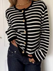 CovetEZ 女士休闲黑色和米色条纹针织开衫 女士开衫 女士休闲服装 秋冬女士服装 - 黑色 - 查看 4
