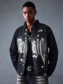 ROMWE MEN Street Life 男士水钻装饰印花长袖牛仔夹克 - 黑色 - 查看 4