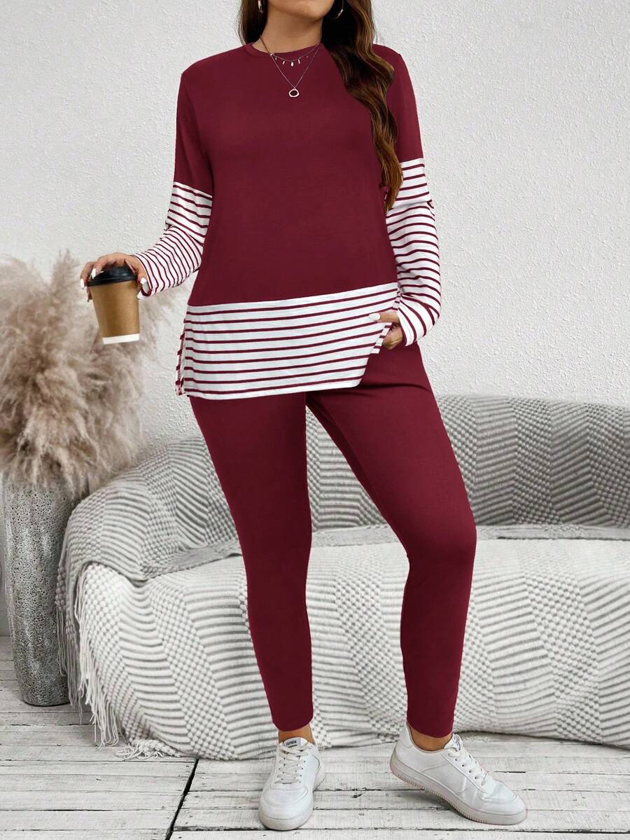 SHEIN LUNE 秋季大码休闲条纹拼布上衣和裤子两件套 - 酒紅色 - 查看 1