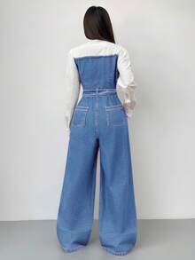 Siren Gaze Quần yếm denim và áo liền quần dài tay ôm sát thoải mái dành cho nữ - Rửa nhẹ - Xem 2