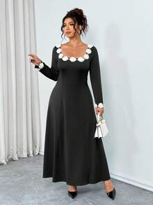 Elenzga Plus Size Crew Neck Floral Decor Waist Cinched A-Line Long Sleeve Dress, Elegant For Outings, Dates, And Gatherings - Black - View 3