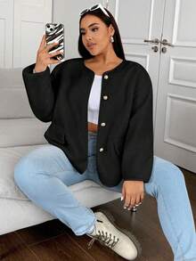 Flirla Plus Size Women Plain Color Long Sleeve Single Breasted Casual Loose Jacket For Autumn, For Winter Fall Cloth For Women - Black - View 8