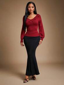 Radiana Suéter feminino com decote em V e estampa floral 3D, fofo, vermelho escuro, Natal, outono e inverno - Vermelho - Ver 3