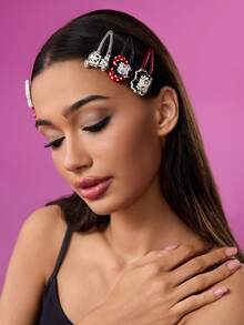 Betty Boop x SHEIN 6 件装时尚闪亮发夹发饰，心形和小狗图案，红色、黑色和银色，不伤发，送礼佳品，适合派对、节日、情人节等场合。 - 彩色 - 查看 3