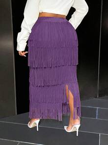 Slaydiva 女士优雅高端牛油果绿色流苏迷你裙 - 紫色 - 查看 2