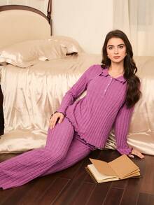 Moireta 女士休闲舒适宽松领半扣抓绒上衣和裤子睡衣套装，冬季保暖舒适 - 藕粉色 - 查看 4