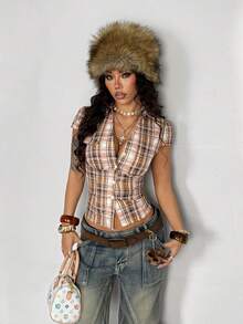 StreetHx Camisa ajustada con mangas cortas y estampado de cuadros azules para mujer - Naranja - Ver 4