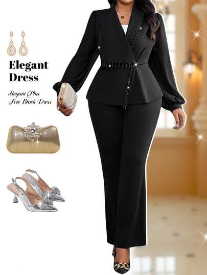 Fleurora Plus Size Elegant Party Fringe Decor Jacket & Pants Suit Autumn Winter Clothes For Women