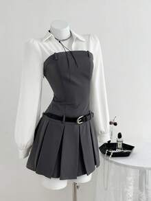 Elamini 女士商务休闲撞色拼布褶皱长袖衬衫裙，时尚秋季服装