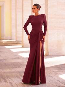 Glamrae Elegant Dark Brown Shiny Long Sleeve Formal Evening Gown,Wide Boat Neck Waist Twist Drape Open Back Mermaid Hem Dress For Wedding Party,Birthday - Burgundy - View 4