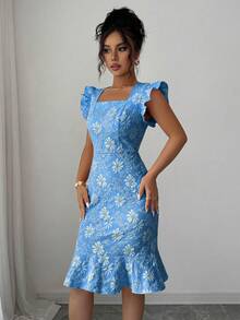 Elenzga Women's Square Neck Cap Sleeve Elegant Floral Jacquard Commuter Dress, Summer - Royal Blue - View 3