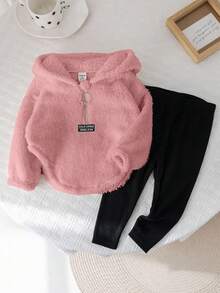 2 件女婴可爱羊毛长袖字母印花连帽卫衣和针织打底裤套装，秋冬