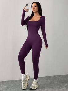 SHEIN PETITE 黑色针织方领紧身休闲运动瑜伽连体裤 - 紫色 - 查看 7