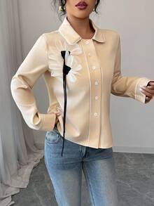 Elenzga Women's Commuter Casual Jacket With Contrast Trim And 3D Floral Decor - Apricot - View 4