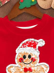 SHEIN Wesołych Świąt, Młoda Dziewczęca Swobodna Minimalistyczna Świąteczna Uroczy Piernikowy Ludzik, Płatek Śniegu, Czerwona Świąteczna Luźna Wygodna Codzienna Dzianinowa Bluza Z Długim Rękawem, Odpowiednia Na Jesień/Zimę