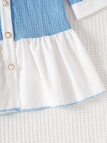 Young Girl Colorblock Faux Pearl Button Patchwork White Ruffle Hem Long Sleeve Dress - Blue - View 6