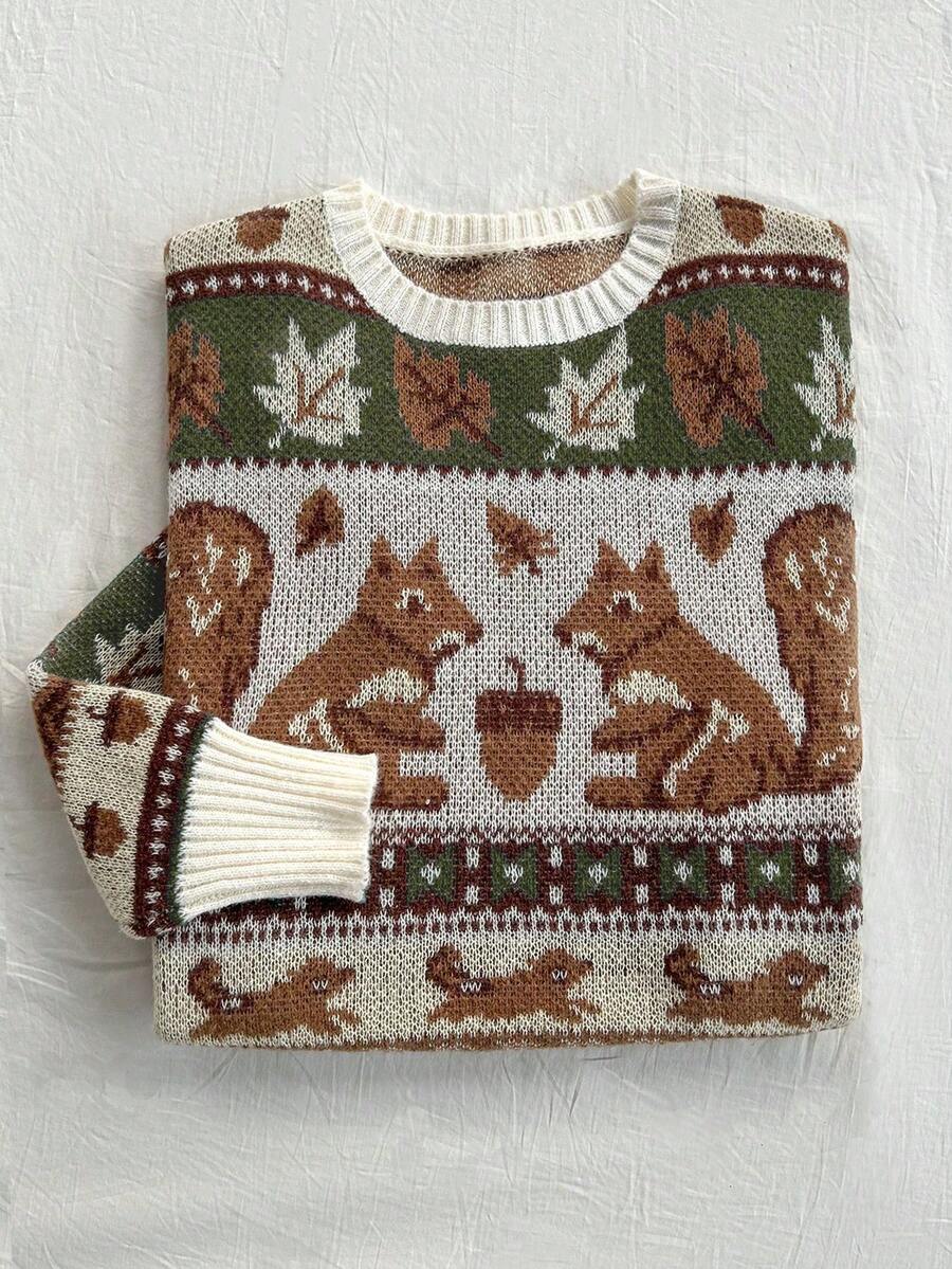 Franclia 新款叶子和松鼠图案圆领长袖套头毛衣 - 軍綠色 - 查看 1