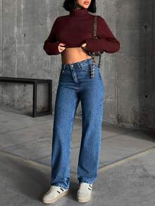 女士休闲原色高腰牛仔裤 - 深色水洗藍 - 查看 3