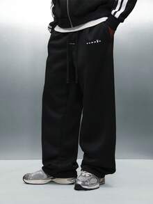 PLAYBOY X SUMWON Wide Leg High Rise Pleated Drawstring Sweatpants With Side Pockets For Casual Winter Loungewear - Black - View 1