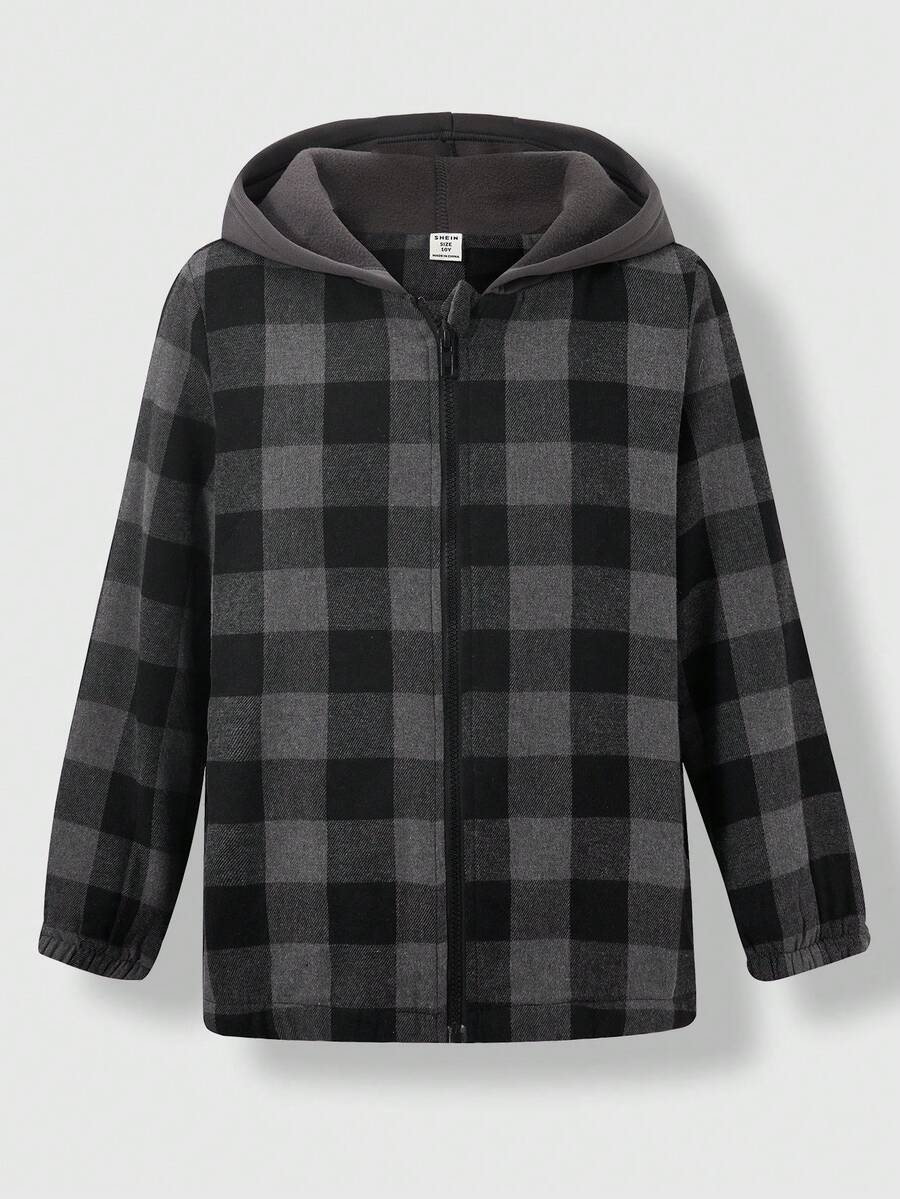 SHEIN Explorewe Boys' Multi-Color Striped Plush Patchwork Hooded Corduroy Casual Jacket, Suitable For Daily Wear - Black - View 1