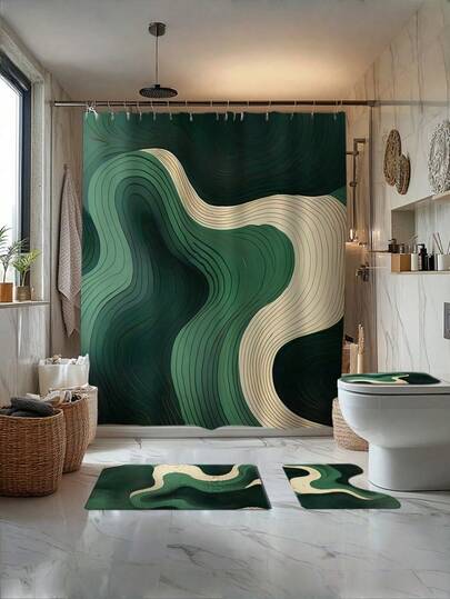 1/4 Pcs Green Wave-Themed Bathroom Shower Curtain Set, Bath Mat, U-Shaped Toilet Mat, Toilet Lid Cover, Waterproof Shower Curtain For Bathroom Decoration, Stylish Door Curtain, Curtain & Sunshade, Modern-Style Bathroom Partition Curtain, No Drilling Required, Polyester, Machine Washable