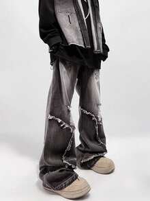 ROMWE MEN Grunge Punk Spring Casual Men'S Kpop Casual Lace-Up Pocket Distressed Jeans, School, Grunge - Black - View 3