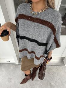 Livesso Poncho de suéter de cuello redondo a rayas para mujer en otoño - Gris - Ver 1