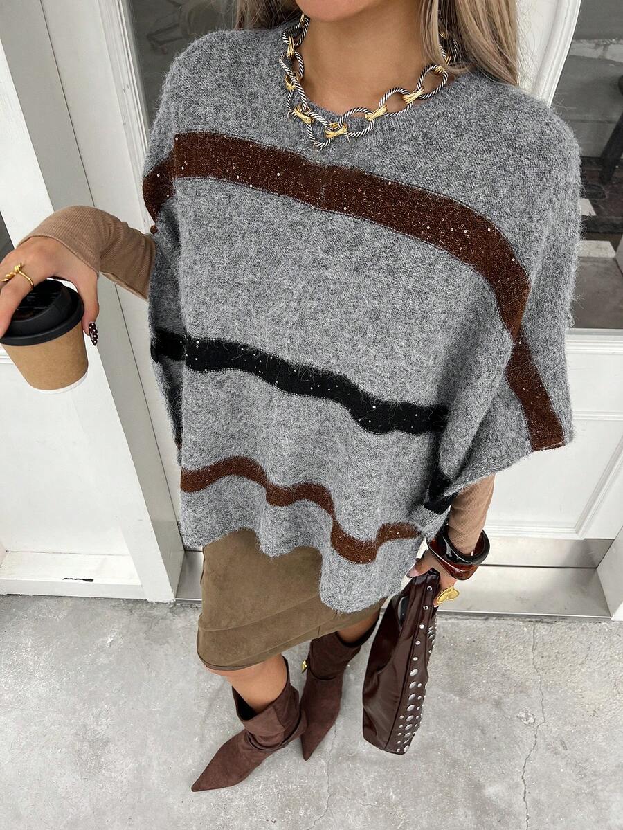 Livesso Poncho de suéter de cuello redondo a rayas para mujer en otoño - Gris - Ver 1