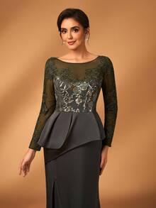 Serin Elegancka, luksusowa, perłowa, koronkowa, patchworkowa, elastyczna, satynowa sukienka z rozcięciem i długimi, prześwitującymi rękawami, idealna na wesela, imprezy, wakacje, gale, suknie ślubne i dla matki panny młodej