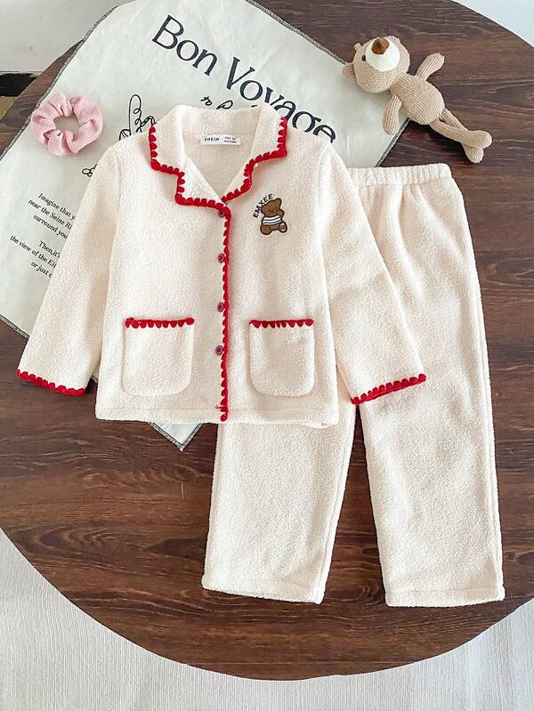 2pcs/Set Young Girl' Cozy Fleece Embroidered Shell Colorblock Pajama Set