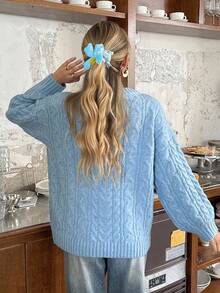 DAZY Damen V-Ausschnitt Drop Shoulder Langarm Lässig Zopfmuster Loose Fit Strickpullover, Herbst - Blau - Übersicht 2
