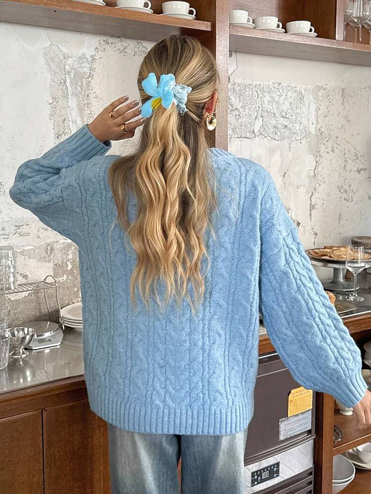 Women's V-Neck Drop Shoulder Long Sleeve Casual Cable Pattern Loose Knit Sweater, Autumn