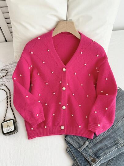 Girls' Cardigan Sweater, Handmade Beaded Diamond Pattern Long Sleeve V-Neck Cardigan, Soft & Cozy, Versatile Knit Vest For Autumn/Winter