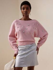 Vesra Loose Design 3D Floral Rhinestone & Pearl Embellished Versatile Women Sweater - Pink - View 5