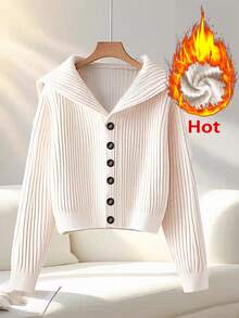 GlowEve 成熟女士仿针织保暖连帽插肩袖高腰修身杏色纽扣装饰短款外套，优雅精致，女士冬季外套，女士冬季，圣诞节，女士圣诞，女士新年 - 杏色 - 查看 1