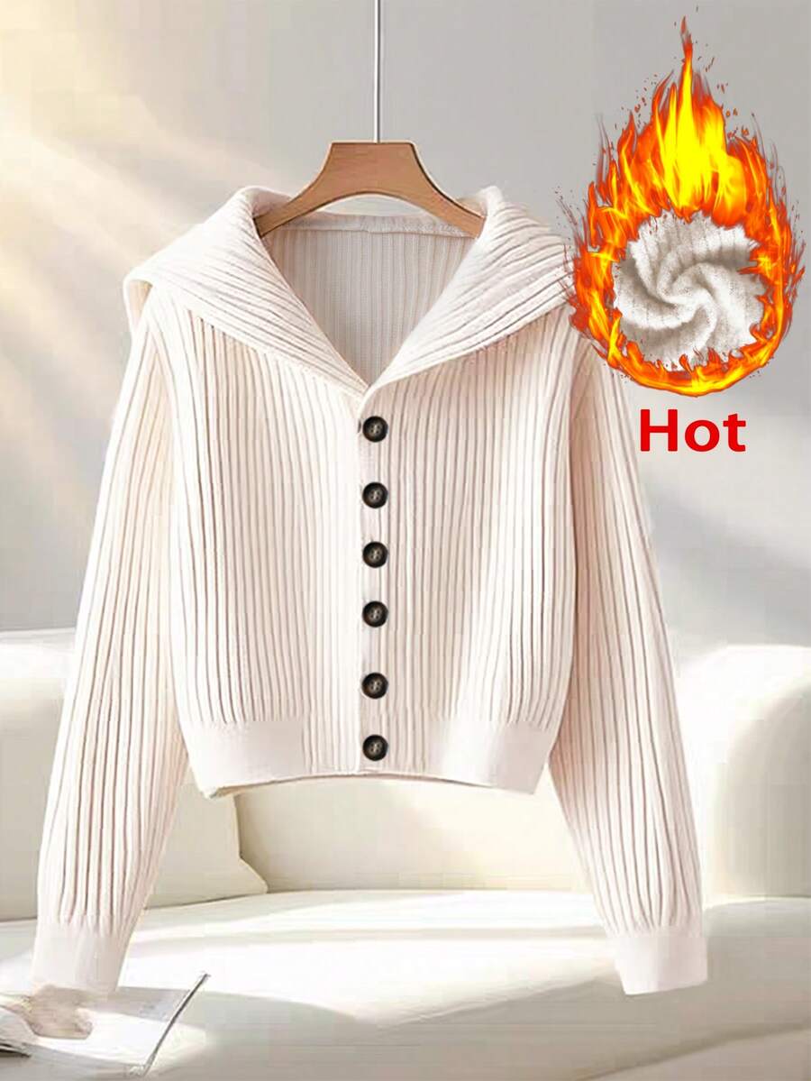 GlowEve 成熟女士仿针织保暖连帽插肩袖高腰修身杏色纽扣装饰短款外套，优雅精致，女士冬季外套，女士冬季，圣诞节，女士圣诞，女士新年 - 杏色 - 查看 1