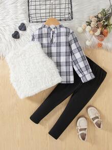Bộ 3 món thời trang thu đông cho bé gái, gồm áo sơ mi dài tay kẻ caro, áo khoác vest mềm mại và quần legging đen, thanh lịch và dễ thương, đa năng khi đi làm - Đen và trắng - Xem 2