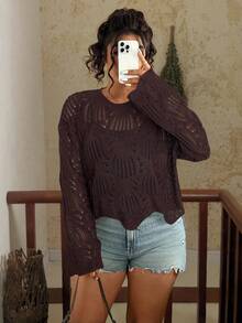 Suéter casual solto com decote redondo e manga comprida plus size feminino - Marrom Chocolate - Ver 4