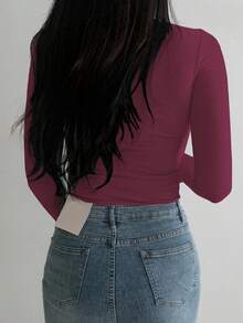 DAZY Kaos Dalam Wanita Lengan Panjang Kerah Tinggi, Hitam, Musim Semi/Panas/Gugur - Red Violet - View 2