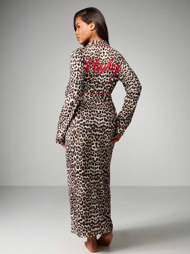 Missguided x Playboy Christmas Leopard Print Long Sleeve Belted Robe