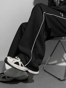 SHEIN 青少年男童宽松直筒裤，撞色黑色饰边，秋冬百搭，适合上学、居家、日常穿着、运动、生日派对、郊游，百搭、简约、复古 - 黑色 - 查看 6