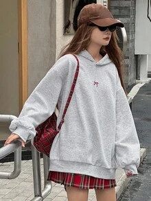 DAZY Teen Girls' Bow Embroidery Drop Shoulder Long Sleeve Casual Fleece Hoodie, Autumn/Winter,New Year,Christmas