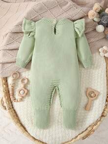 SHEIN Baby Girls Floral Embroidered Knit Romper, Long Sleeve Sweater Jumpsuit With Ruffled Cuffs, Comfortable For Autumn/Winter, Suitable For Everyday Wear, Outings, Travel, Newborns, And Daycare - Green - View 2