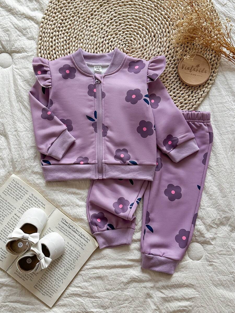 Vintaside Kids Baby Girl Floral Print Long Sleeve Crew Neck Casual Jacket And Pants Set, Autumn/Winter