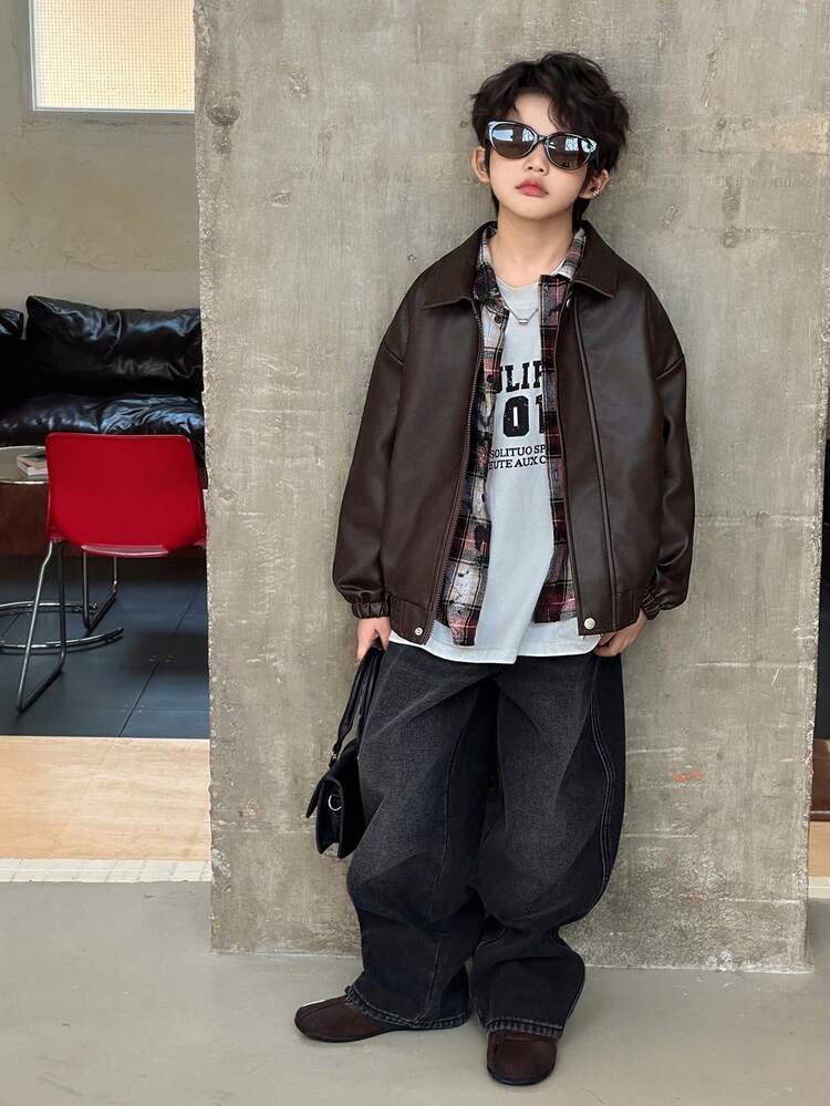 Tween Boy Solid Color Drop Shoulder Long Sleeve Zip-Up Loose PU Leather Jacket, Autumn