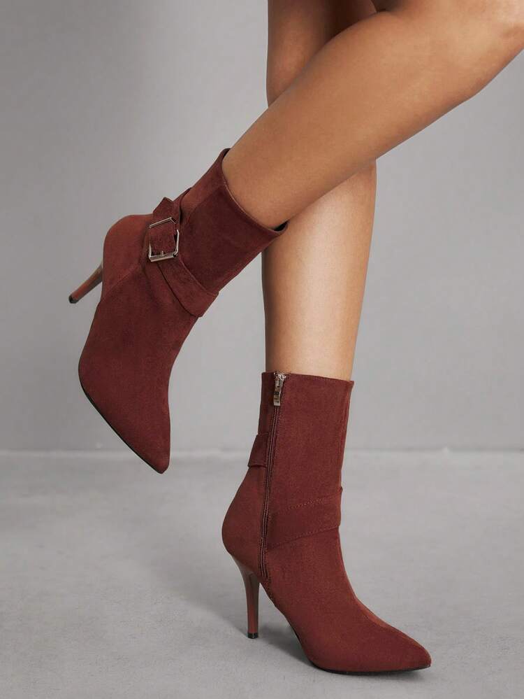 CUCCOO SZL Women's Pointed Toe Stiletto Buckle Sexy Elegant Fashion Mid-Calf Boots