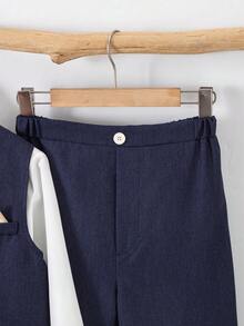 SHEIN 3 件套青少年男孩韩版修身商务正装西装背心、直筒裤和可拆卸领带 3 件套，适合日常穿着、宴会、派对、主持、唱歌表演等场合，适合夏季、春季和秋季 - 藏蓝色 - 查看 5